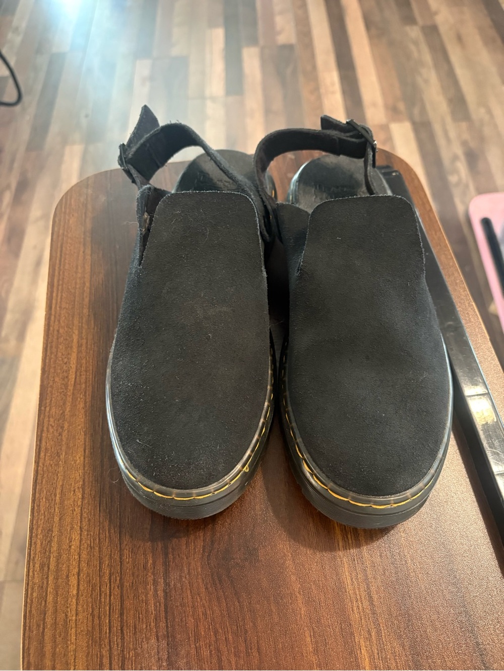 Dr. Martens Black Suede Slingback Sandals with Yellow Stitching
